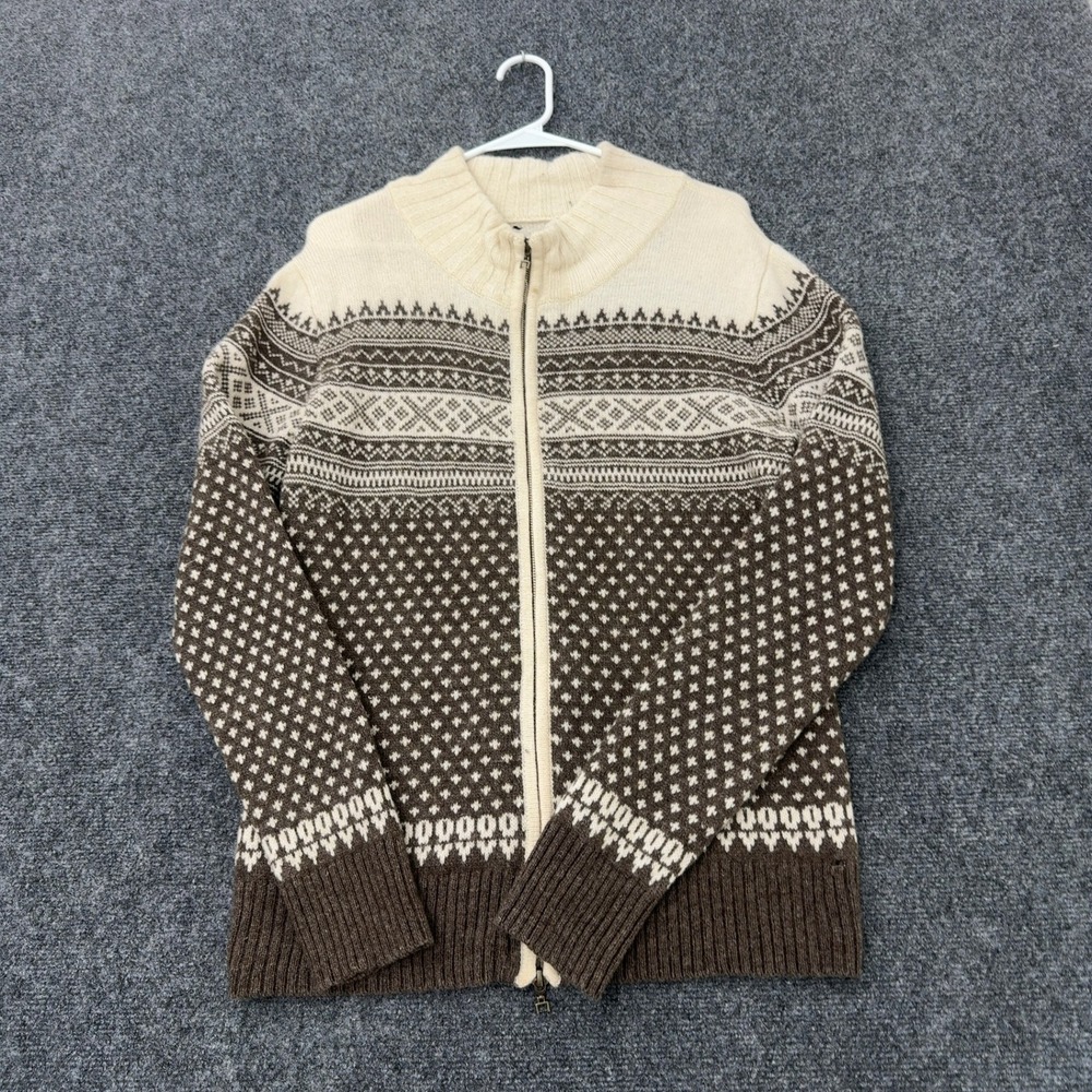 WoolOvers Cardigan Sweater Womens S Brown Cream Wool Fair Isle Full Zip Nordic